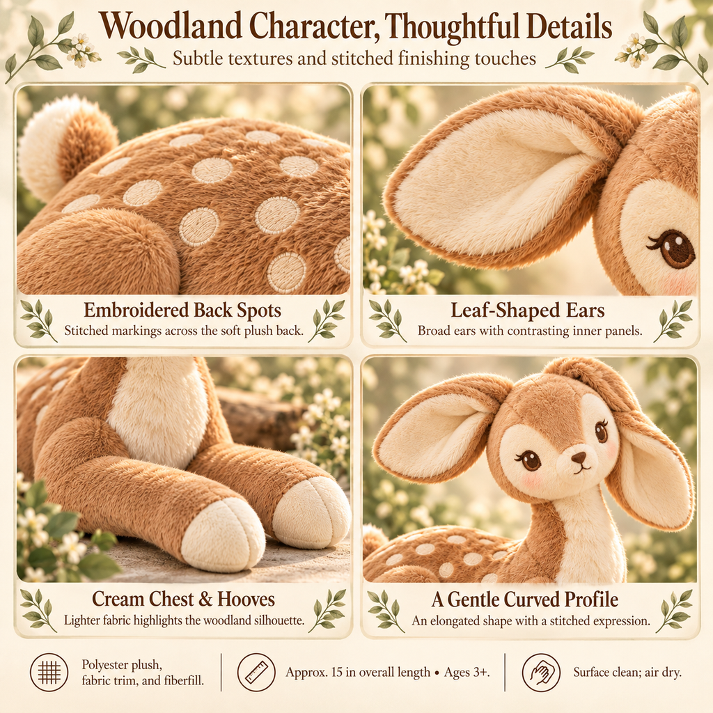 MIRQVORA™ Fable Deer Plush — 15-Inch Stuffed Woodland Animal with Embroidered Spots, Leaf-Shaped Ears & Soft Legs