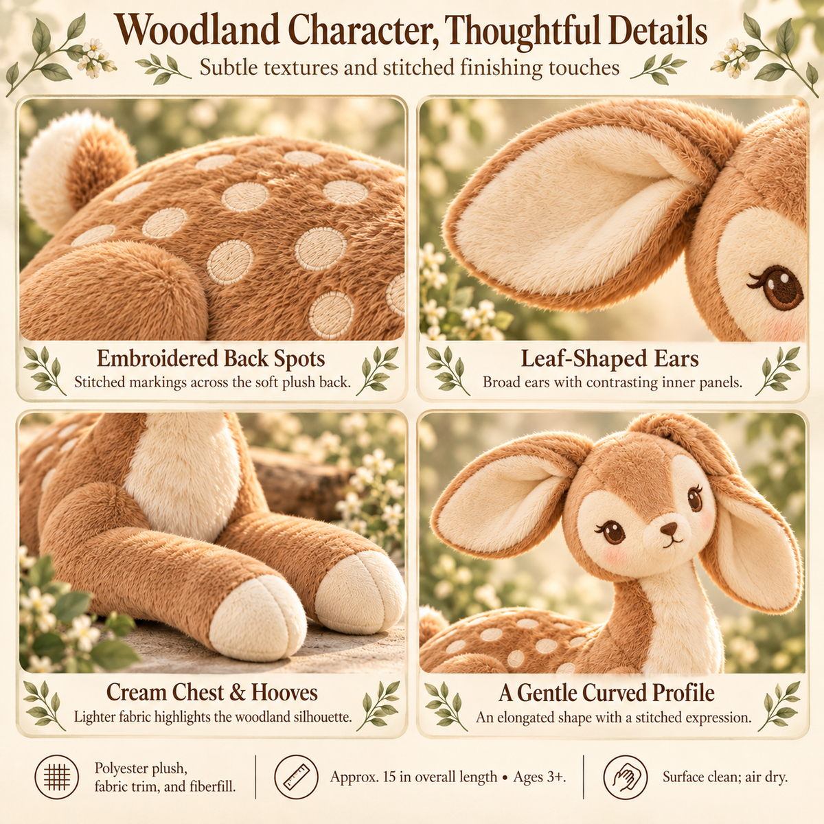 MIRQVORA™ Fable Deer Plush — 15-Inch Stuffed Woodland Animal with Embroidered Spots, Leaf-Shaped Ears & Soft Legs