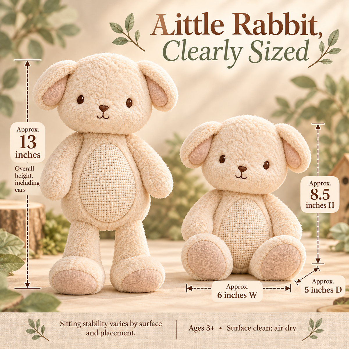 MIRQVORA™ Hushwick Rabbit Plush — 13-Inch Stuffed Bunny with Folded Ears, Embroidered Face & Textured Belly Panel
