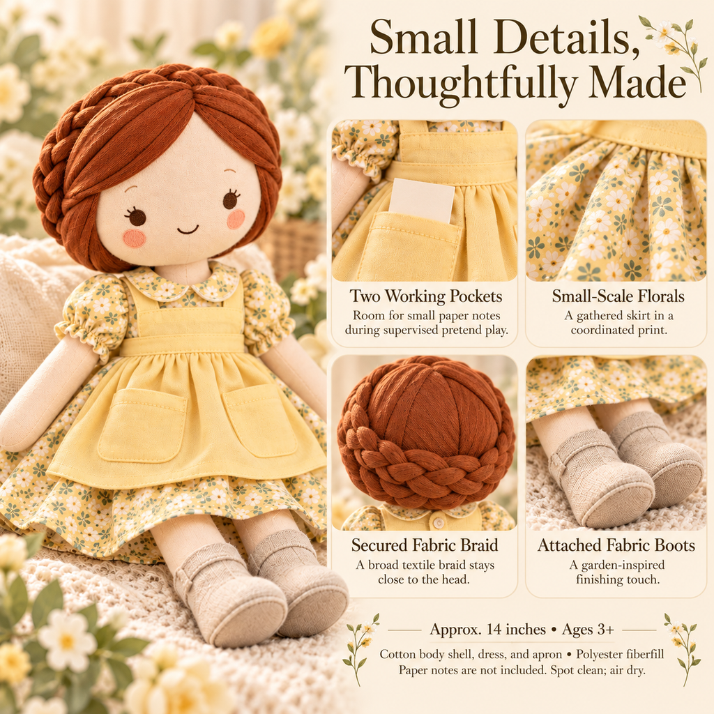 MIRQVORA™ June Cloth Doll — 14-Inch Soft Rag Doll with Pocket Apron, Floral Dress & Fabric Braid