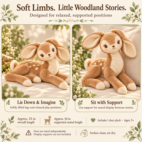 MIRQVORA™ Fable Deer Plush — 15-Inch Stuffed Woodland Animal with Embroidered Spots, Leaf-Shaped Ears & Soft Legs