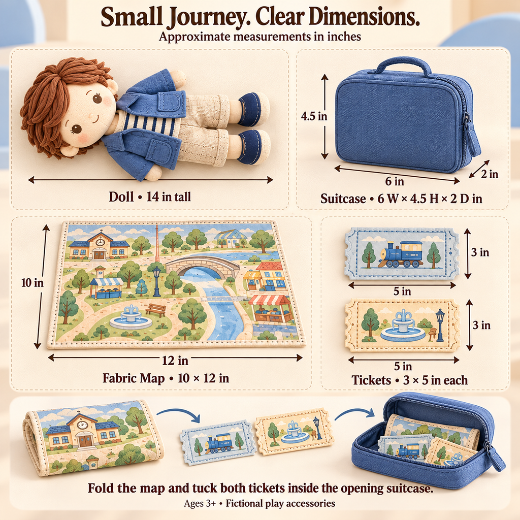 MIRQVORA™ Theo Travel Doll Set — 14-Inch Soft Cloth Doll with Jacket, Fabric Suitcase, Play Map & Oversized Tickets