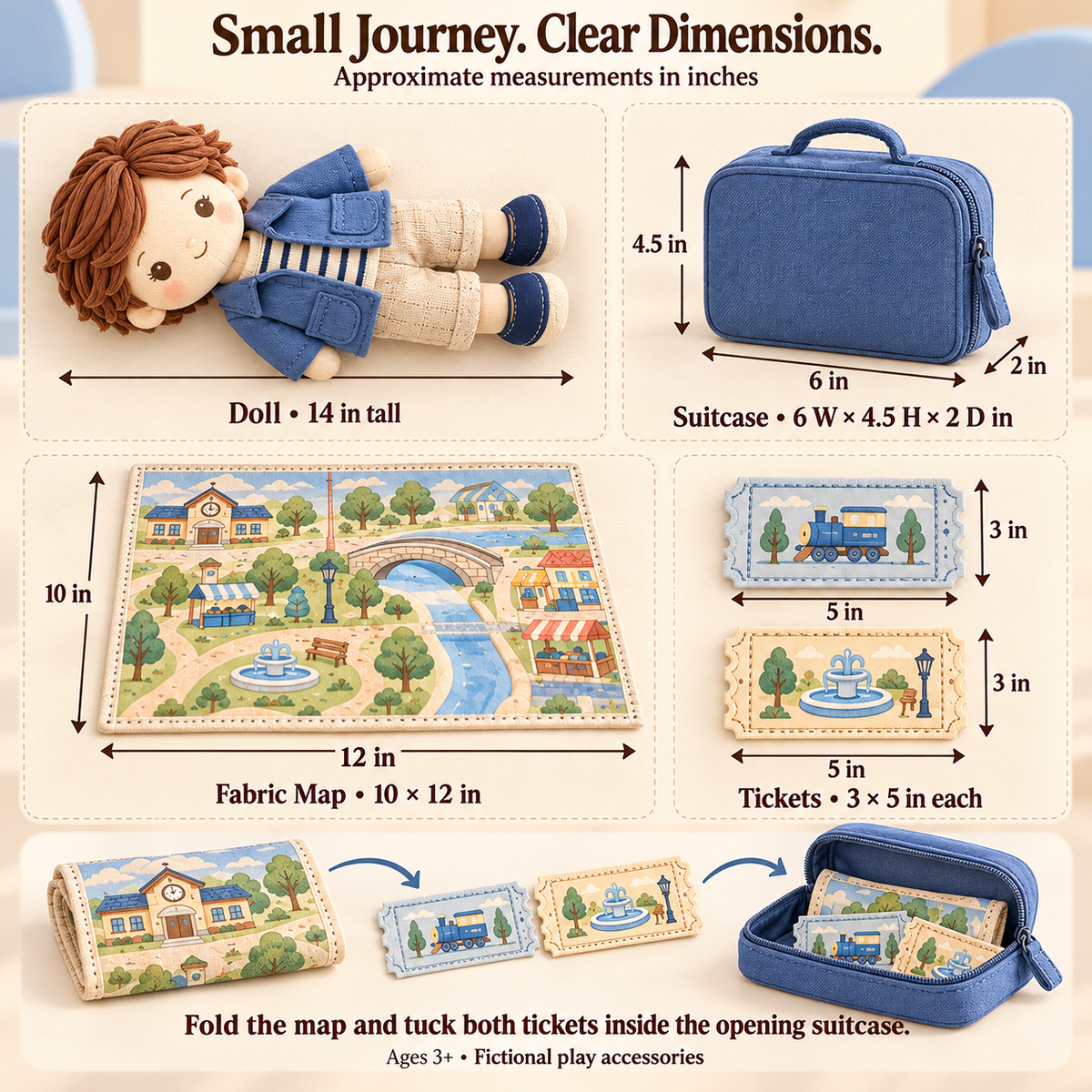 MIRQVORA™ Theo Travel Doll Set — 14-Inch Soft Cloth Doll with Jacket, Fabric Suitcase, Play Map & Oversized Tickets