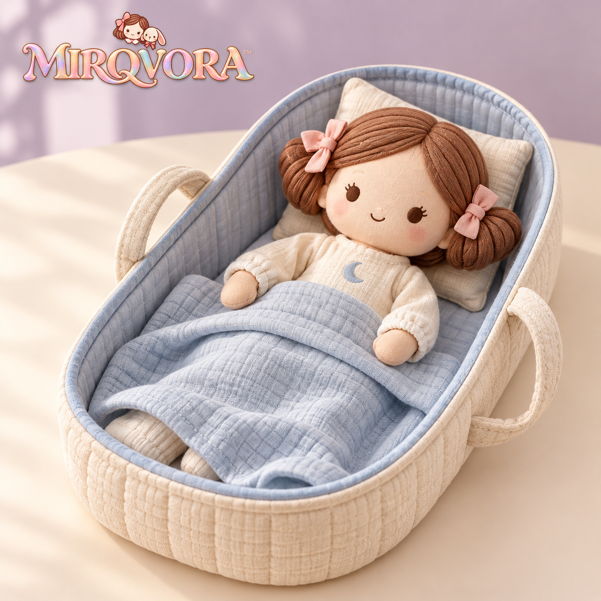 MIRQVORA™ Alba Doll & Carry-Cot Set — 12-Inch Soft Cloth Doll with Fabric Play Cot, Pretend Bedding & Pajama Outfit