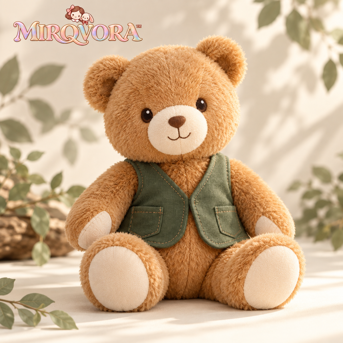 MIRQVORA™ Bram Bear Plush — 12-Inch Stuffed Teddy Bear with Textured Muzzle, Curved Arms & Attached Vest