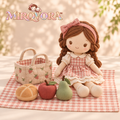 MIRQVORA™ Maren Picnic Doll Set — 14-Inch Cloth Rag Doll with Dress, Fabric Basket, Play Blanket & Pretend Food