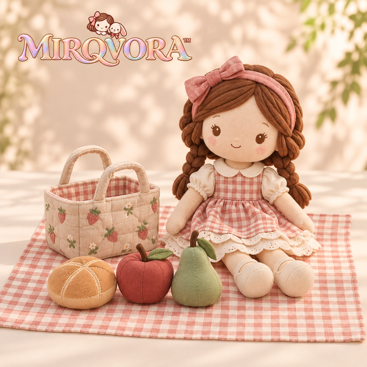 MIRQVORA™ Maren Picnic Doll Set — 14-Inch Cloth Rag Doll with Dress, Fabric Basket, Play Blanket & Pretend Food