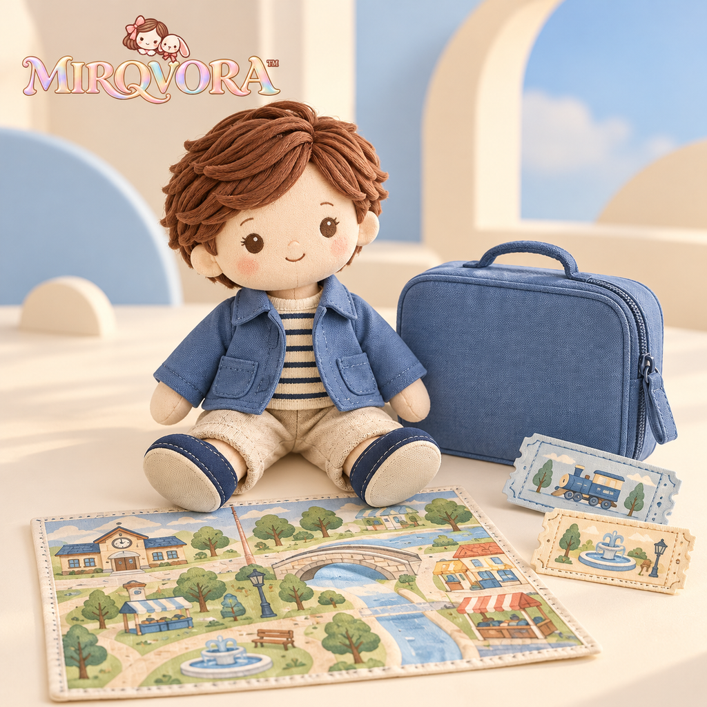 MIRQVORA™ Theo Travel Doll Set — 14-Inch Soft Cloth Doll with Jacket, Fabric Suitcase, Play Map & Oversized Tickets