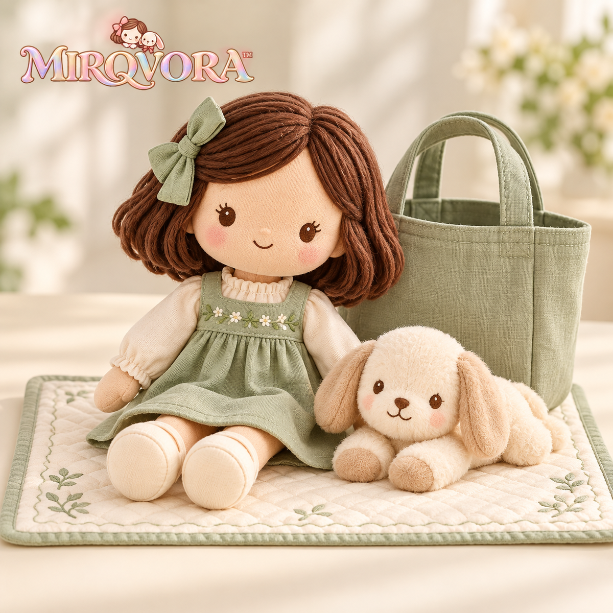 MIRQVORA™ Wren & Pebble Doll Gift Set — 13-Inch Cloth Doll with 6-Inch Puppy Plush, Fabric Tote & Play Mat