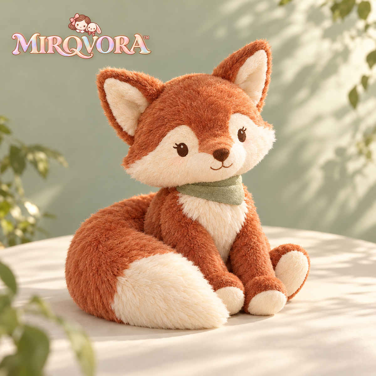 MIRQVORA™ Sorrell Fox Plush — 14-Inch Stuffed Animal with Curved Tail, Embroidered Features & Attached Neck Detail