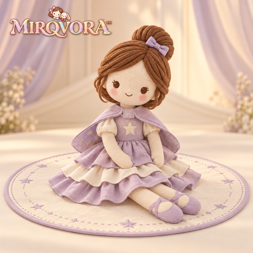 MIRQVORA™ Lumi Star Dancer Doll Set — 15-Inch Soft Cloth Doll with Layered Costume, Reversible Cape & Fabric Stage Mat
