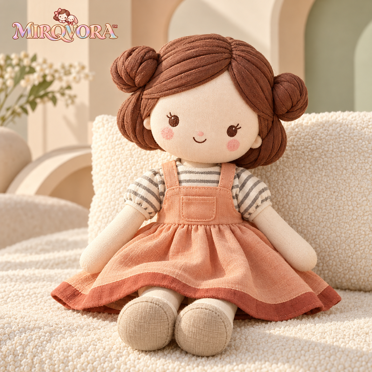 MIRQVORA™ Nell Soft Cloth Doll — 14-Inch Rag Doll with Embroidered Face, Pinafore Dress & Fabric Hair