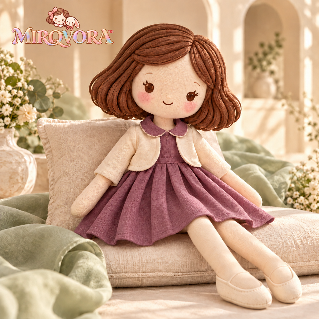 MIRQVORA™ Esme Fabric Doll — 15-Inch Soft Fashion Rag Doll with Pleated Dress, Cropped Jacket & Embroidered Features