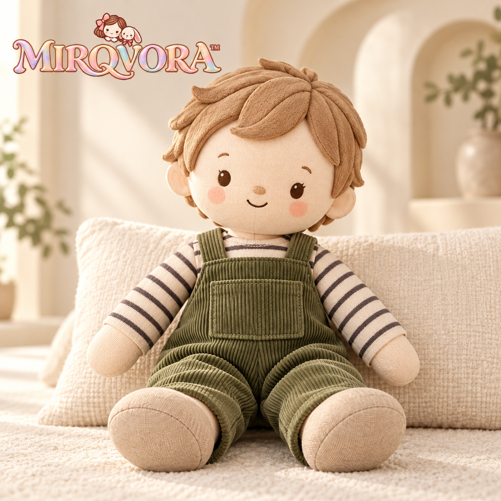 MIRQVORA™ Milo Soft Rag Doll — 14-Inch Cloth Companion with Corduroy Overalls, Embroidered Face & Attached Shoes
