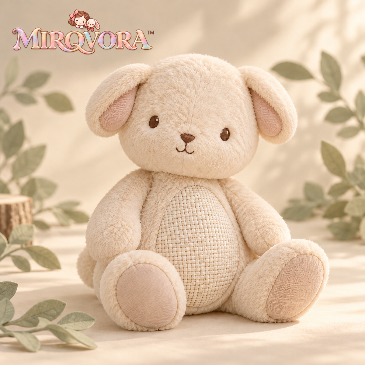 MIRQVORA™ Hushwick Rabbit Plush — 13-Inch Stuffed Bunny with Folded Ears, Embroidered Face & Textured Belly Panel
