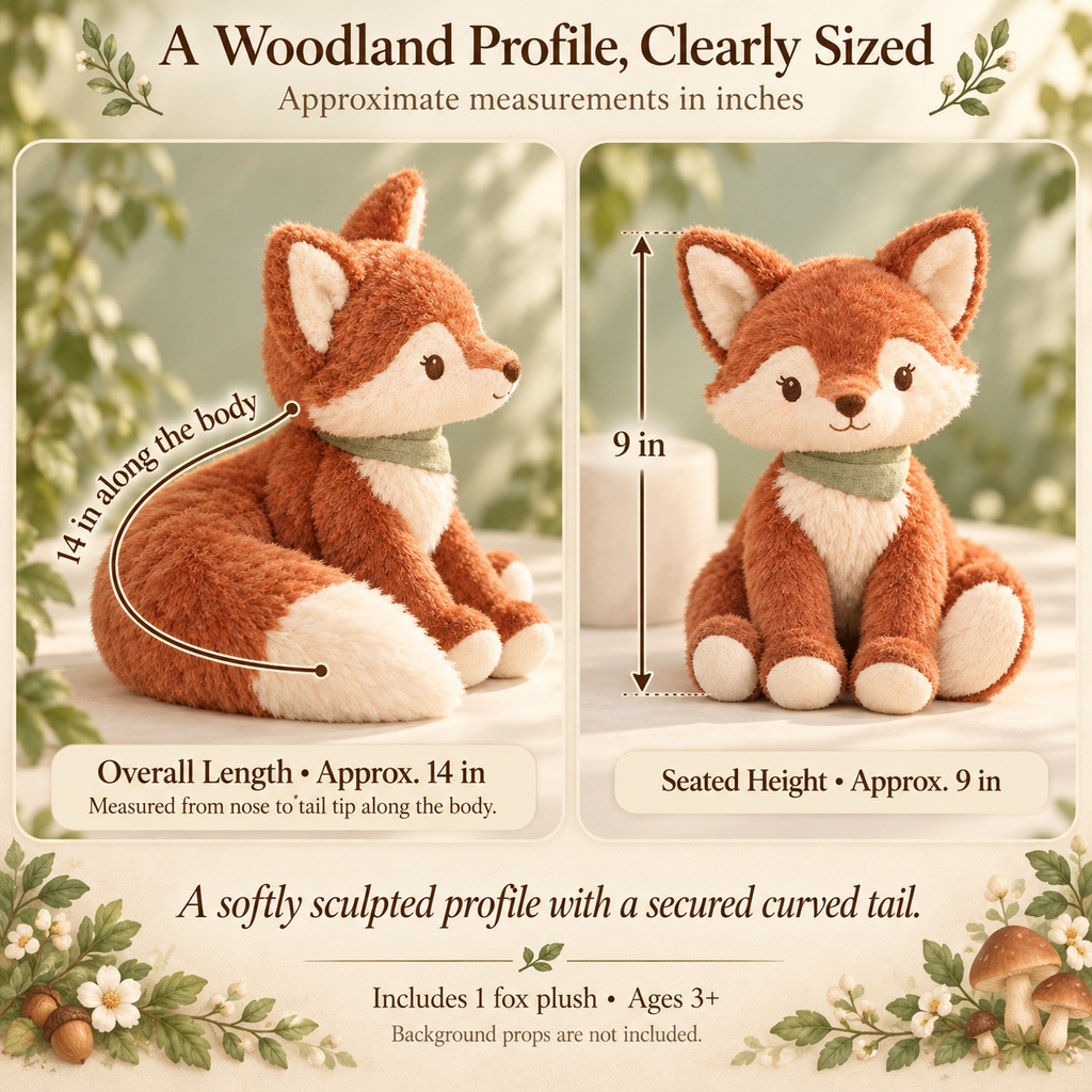 MIRQVORA™ Sorrell Fox Plush — 14-Inch Stuffed Animal with Curved Tail, Embroidered Features & Attached Neck Detail