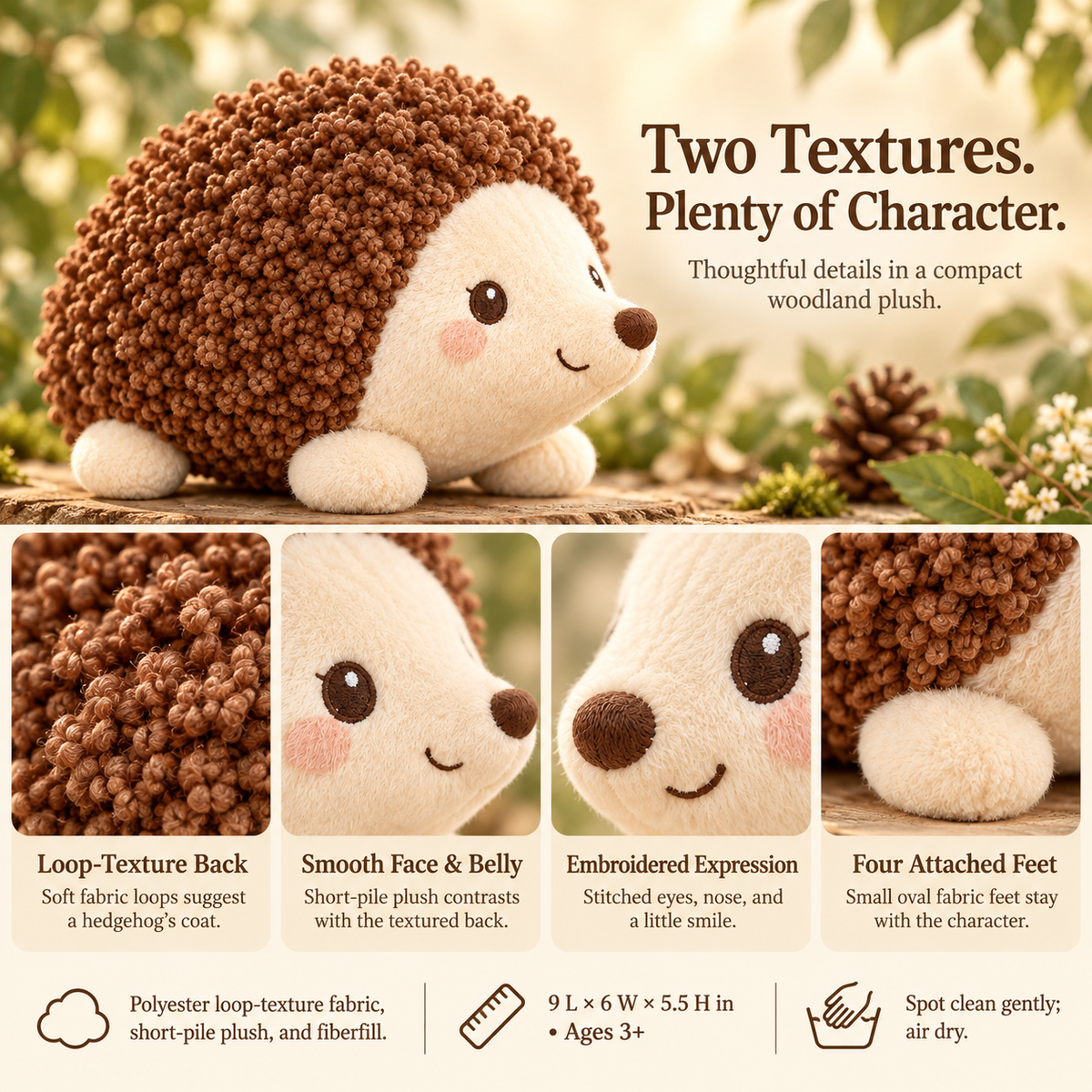 MIRQVORA™ Pip Hedgehog Plush — 9-Inch Stuffed Woodland Animal with Loop-Texture Back & Embroidered Face