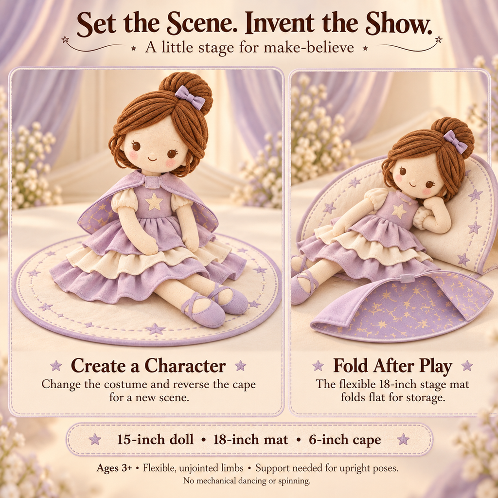 MIRQVORA™ Lumi Star Dancer Doll Set — 15-Inch Soft Cloth Doll with Layered Costume, Reversible Cape & Fabric Stage Mat