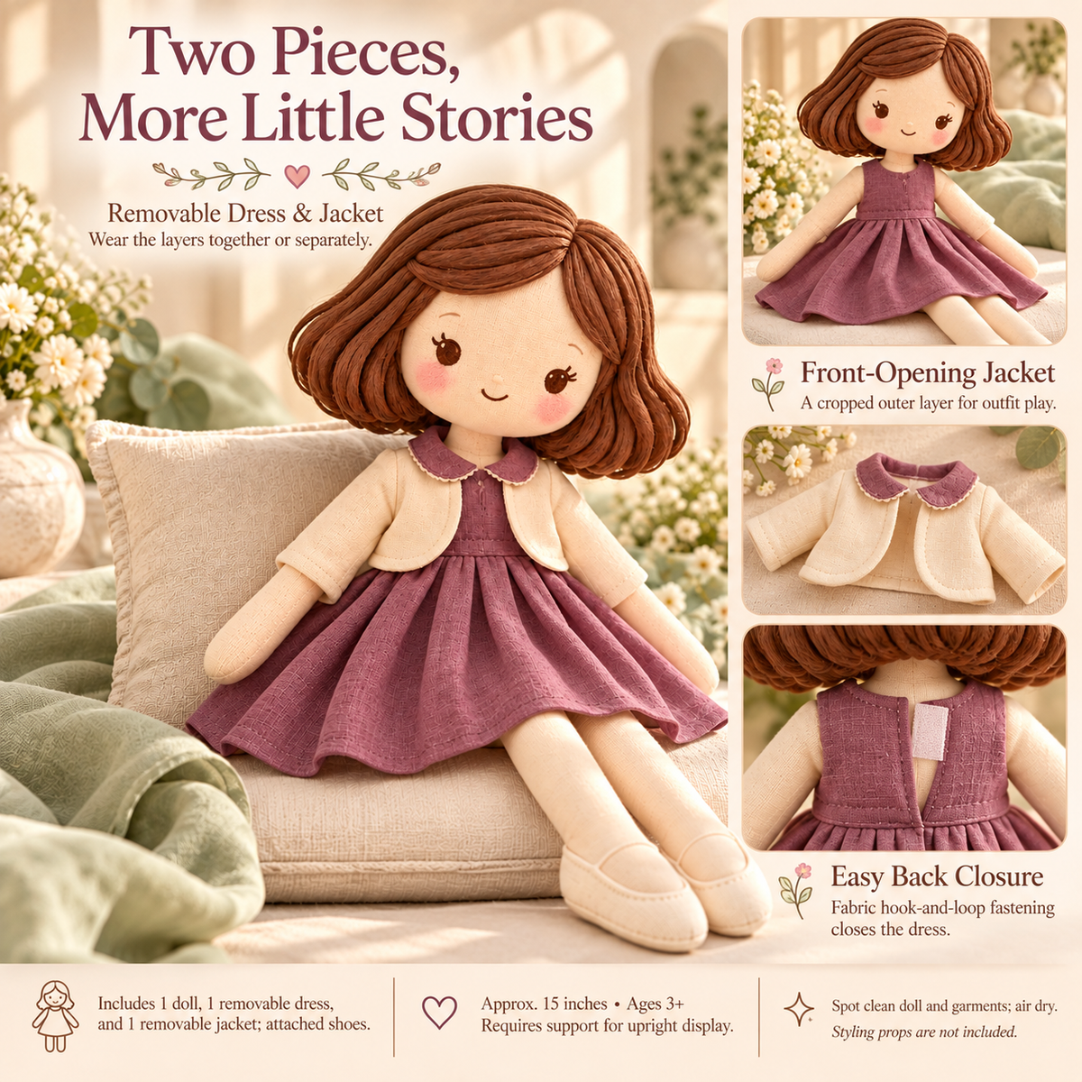 MIRQVORA™ Esme Fabric Doll — 15-Inch Soft Fashion Rag Doll with Pleated Dress, Cropped Jacket & Embroidered Features