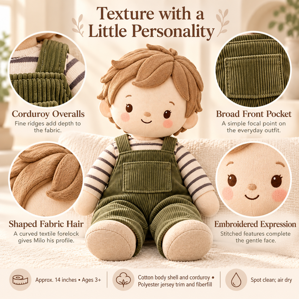 MIRQVORA™ Milo Soft Rag Doll — 14-Inch Cloth Companion with Corduroy Overalls, Embroidered Face & Attached Shoes