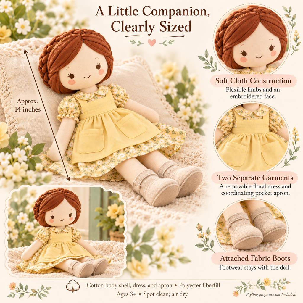 MIRQVORA™ June Cloth Doll — 14-Inch Soft Rag Doll with Pocket Apron, Floral Dress & Fabric Braid