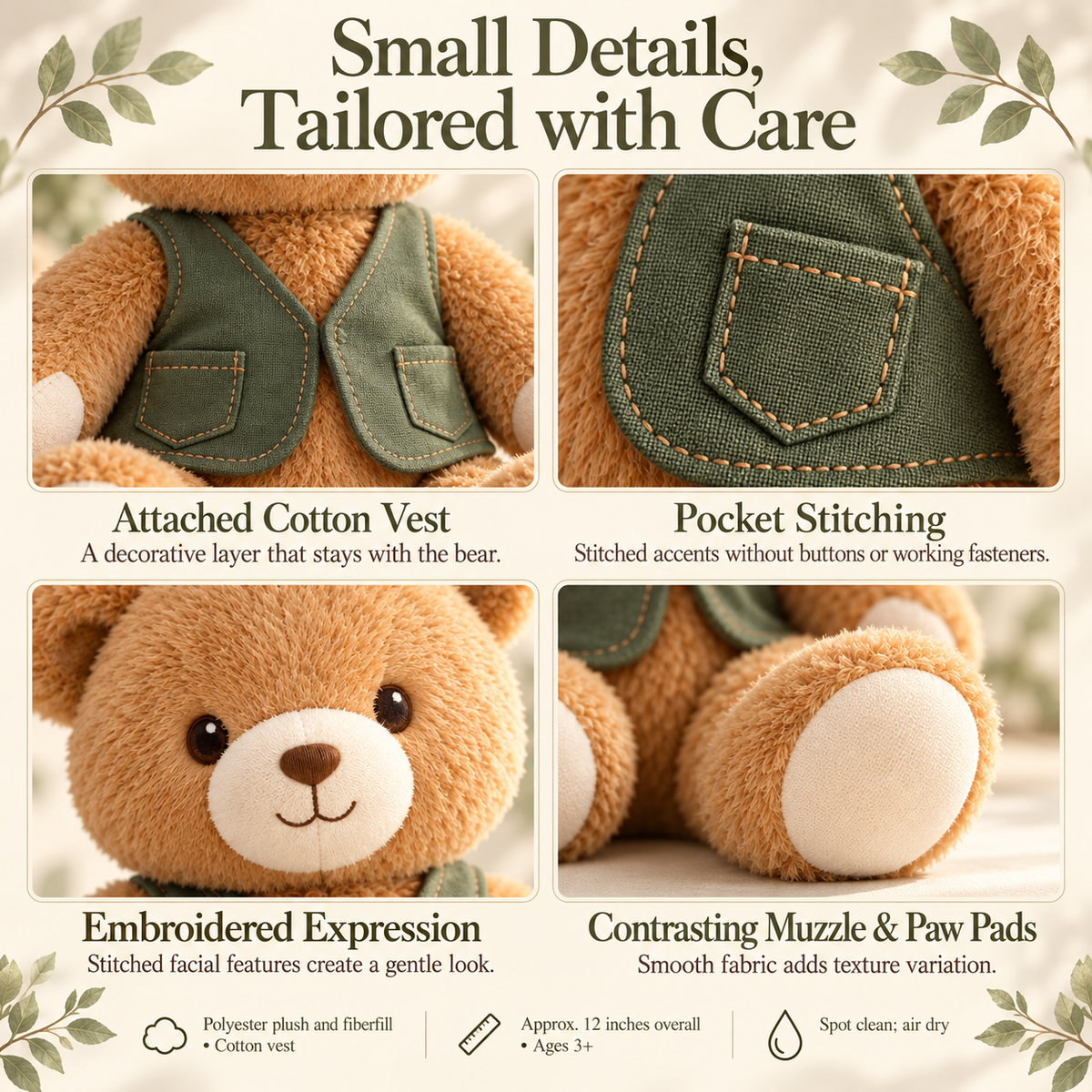 MIRQVORA™ Bram Bear Plush — 12-Inch Stuffed Teddy Bear with Textured Muzzle, Curved Arms & Attached Vest