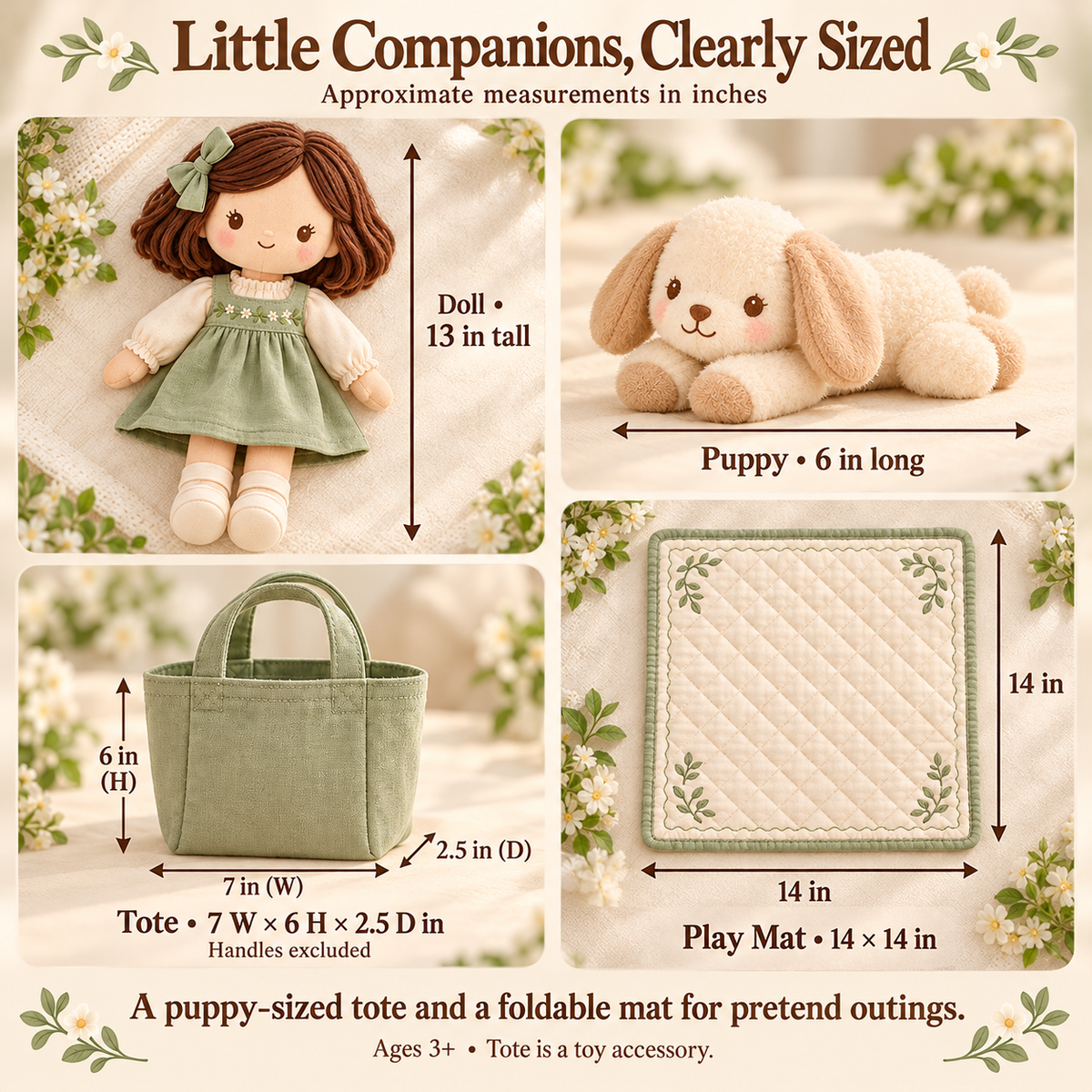 MIRQVORA™ Wren & Pebble Doll Gift Set — 13-Inch Cloth Doll with 6-Inch Puppy Plush, Fabric Tote & Play Mat