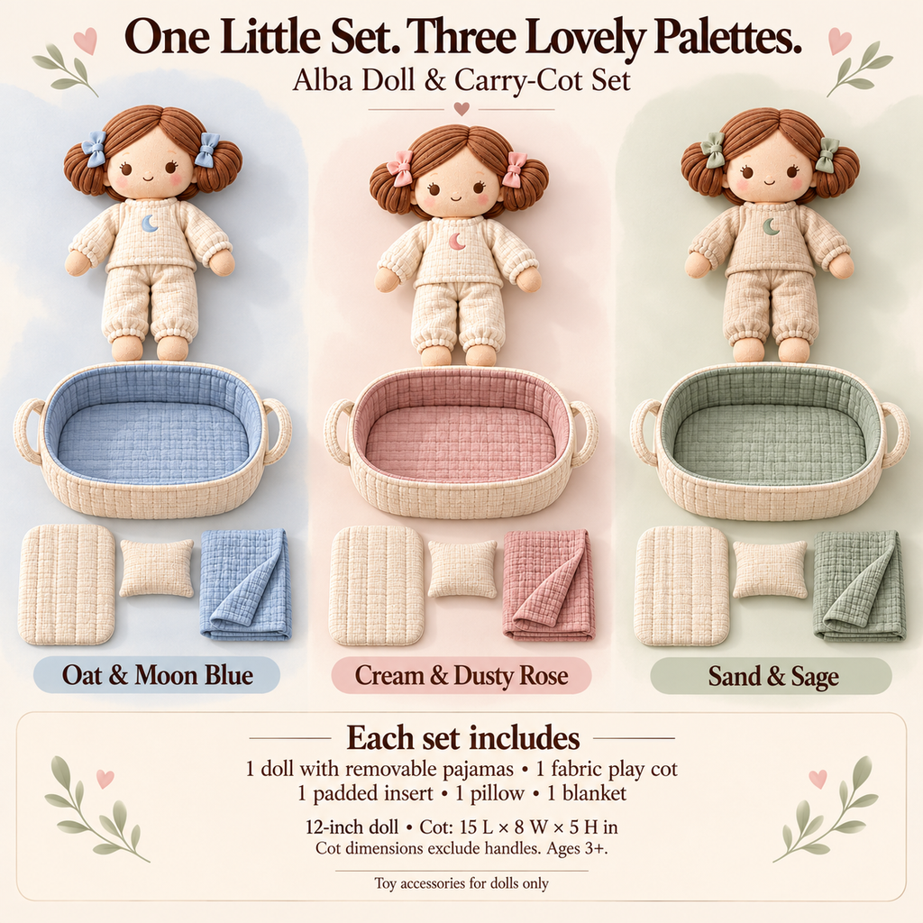MIRQVORA™ Alba Doll & Carry-Cot Set — 12-Inch Soft Cloth Doll with Fabric Play Cot, Pretend Bedding & Pajama Outfit