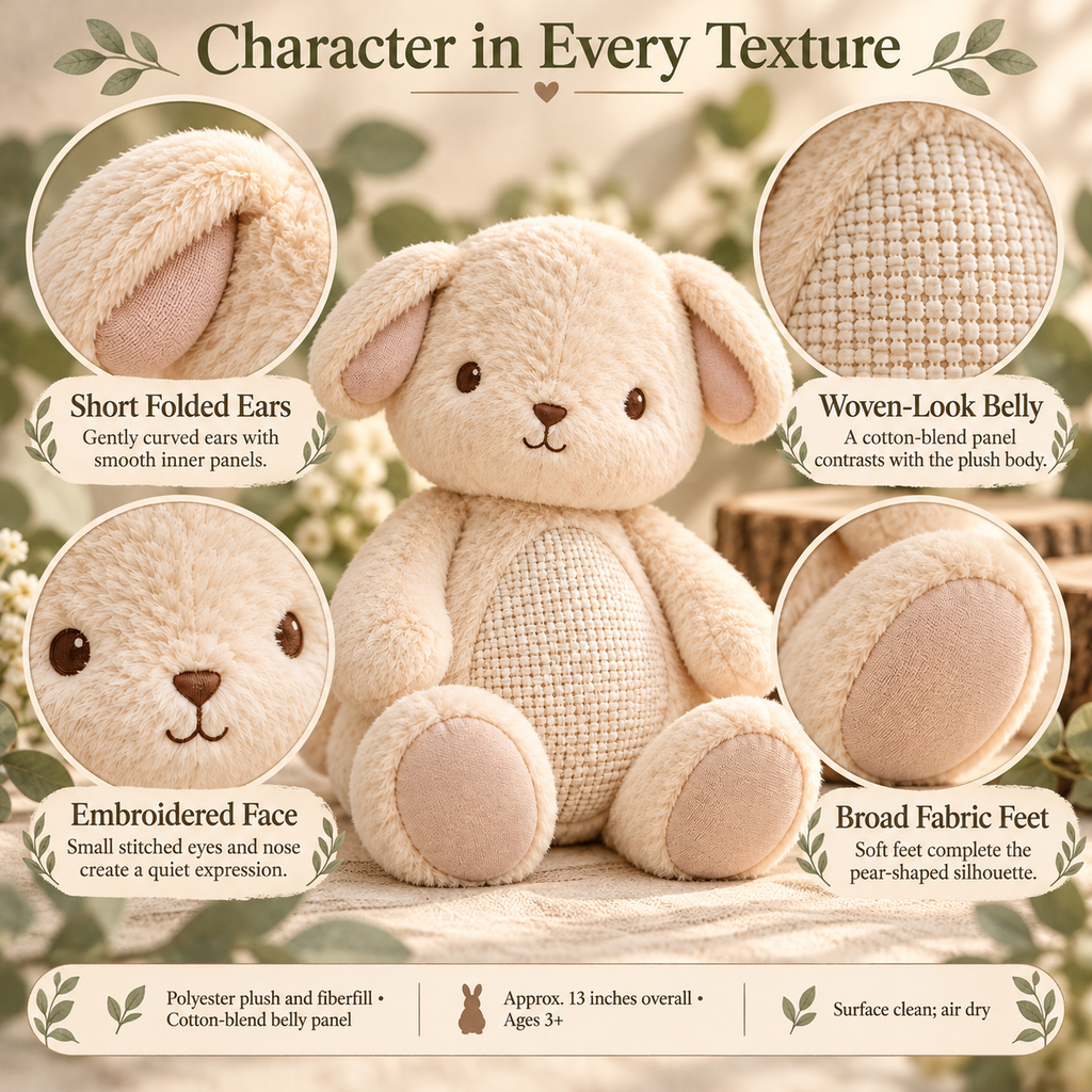MIRQVORA™ Hushwick Rabbit Plush — 13-Inch Stuffed Bunny with Folded Ears, Embroidered Face & Textured Belly Panel