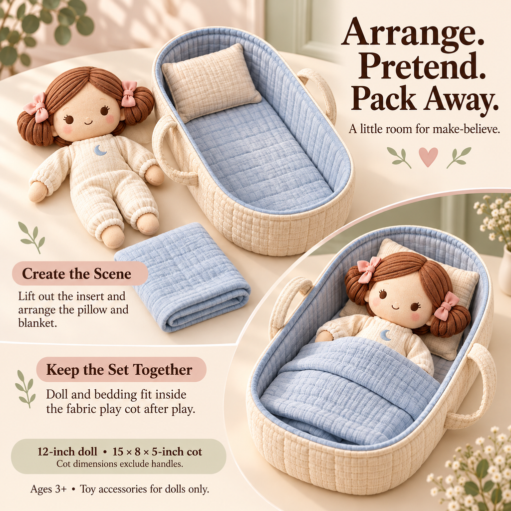 MIRQVORA™ Alba Doll & Carry-Cot Set — 12-Inch Soft Cloth Doll with Fabric Play Cot, Pretend Bedding & Pajama Outfit