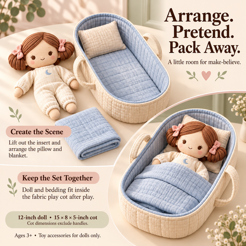 MIRQVORA™ Alba Doll & Carry-Cot Set — 12-Inch Soft Cloth Doll with Fabric Play Cot, Pretend Bedding & Pajama Outfit