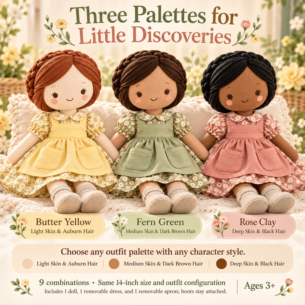 MIRQVORA™ June Cloth Doll — 14-Inch Soft Rag Doll with Pocket Apron, Floral Dress & Fabric Braid