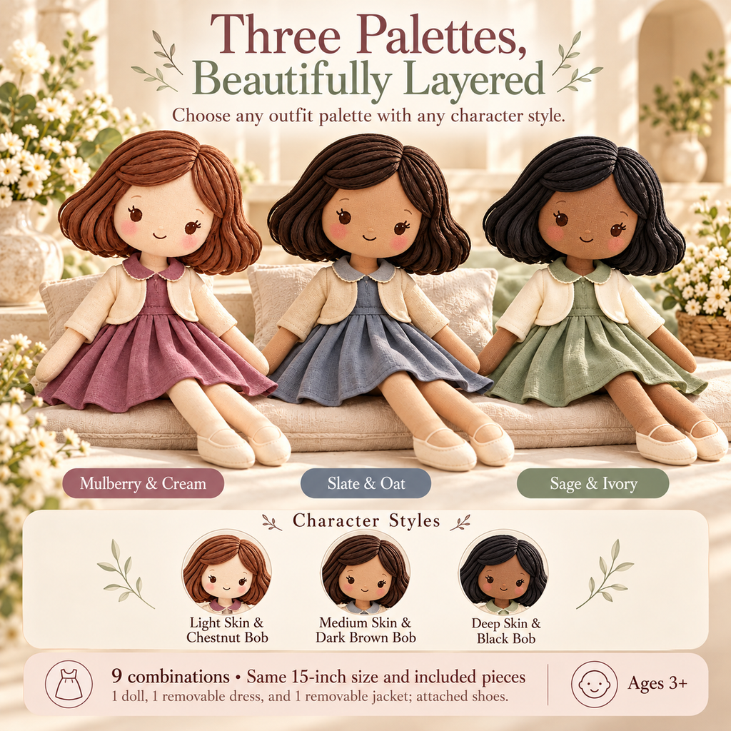 MIRQVORA™ Esme Fabric Doll — 15-Inch Soft Fashion Rag Doll with Pleated Dress, Cropped Jacket & Embroidered Features
