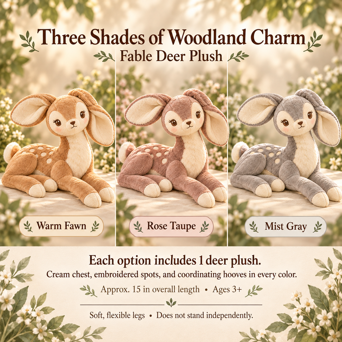MIRQVORA™ Fable Deer Plush — 15-Inch Stuffed Woodland Animal with Embroidered Spots, Leaf-Shaped Ears & Soft Legs