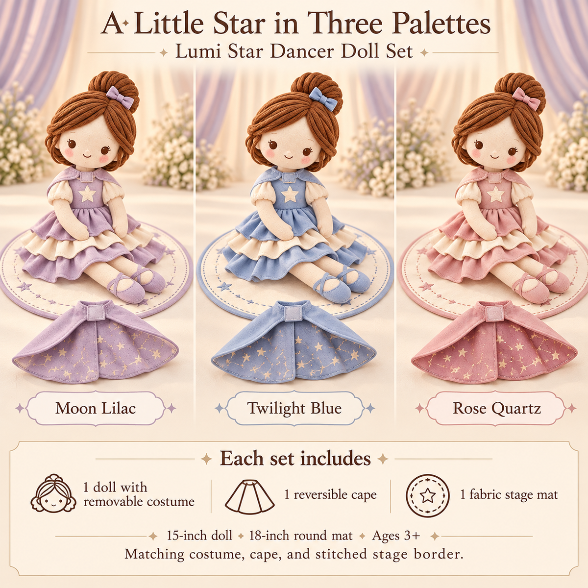MIRQVORA™ Lumi Star Dancer Doll Set — 15-Inch Soft Cloth Doll with Layered Costume, Reversible Cape & Fabric Stage Mat