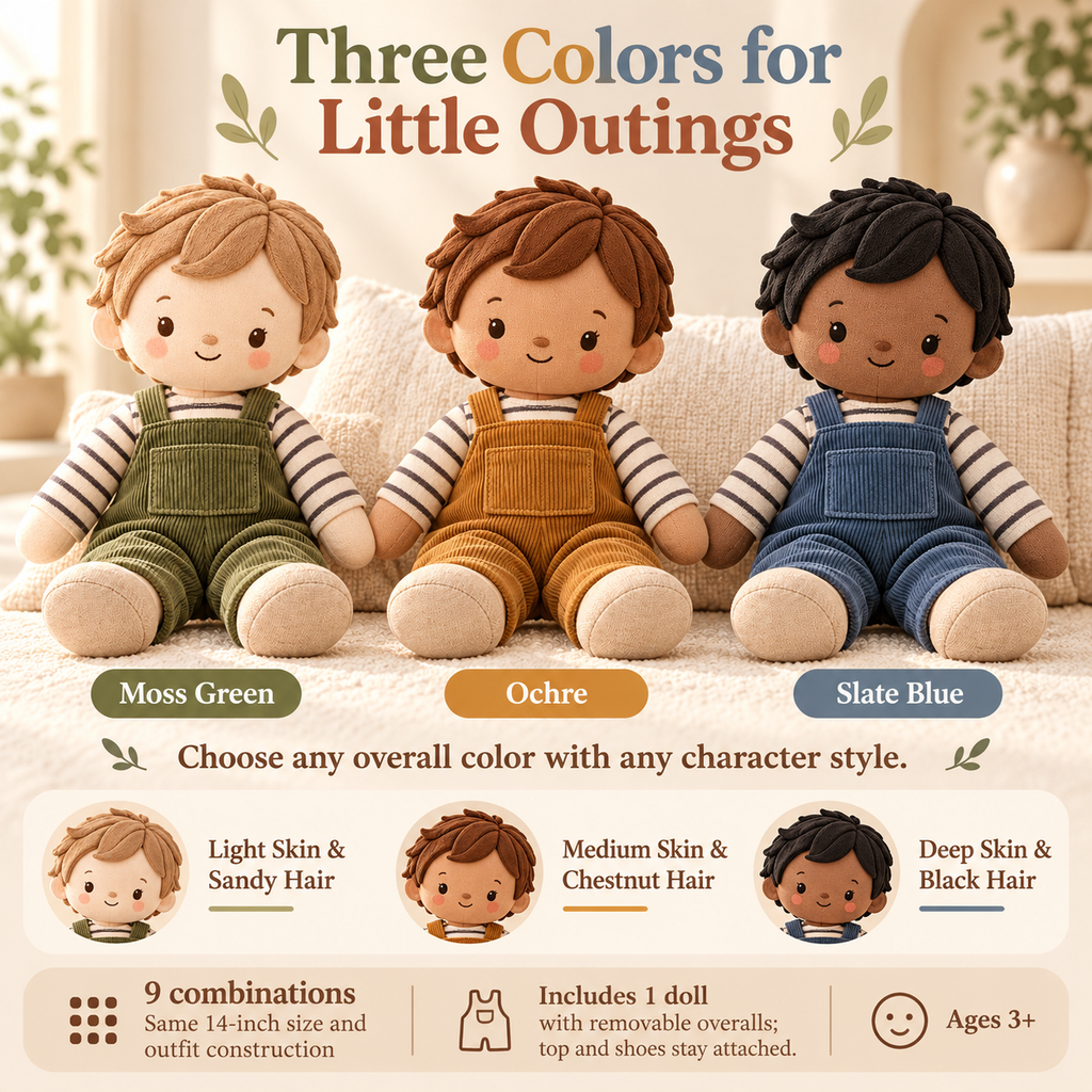 MIRQVORA™ Milo Soft Rag Doll — 14-Inch Cloth Companion with Corduroy Overalls, Embroidered Face & Attached Shoes