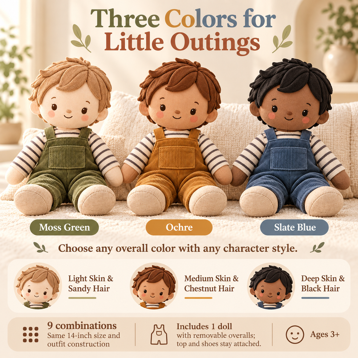MIRQVORA™ Milo Soft Rag Doll — 14-Inch Cloth Companion with Corduroy Overalls, Embroidered Face & Attached Shoes