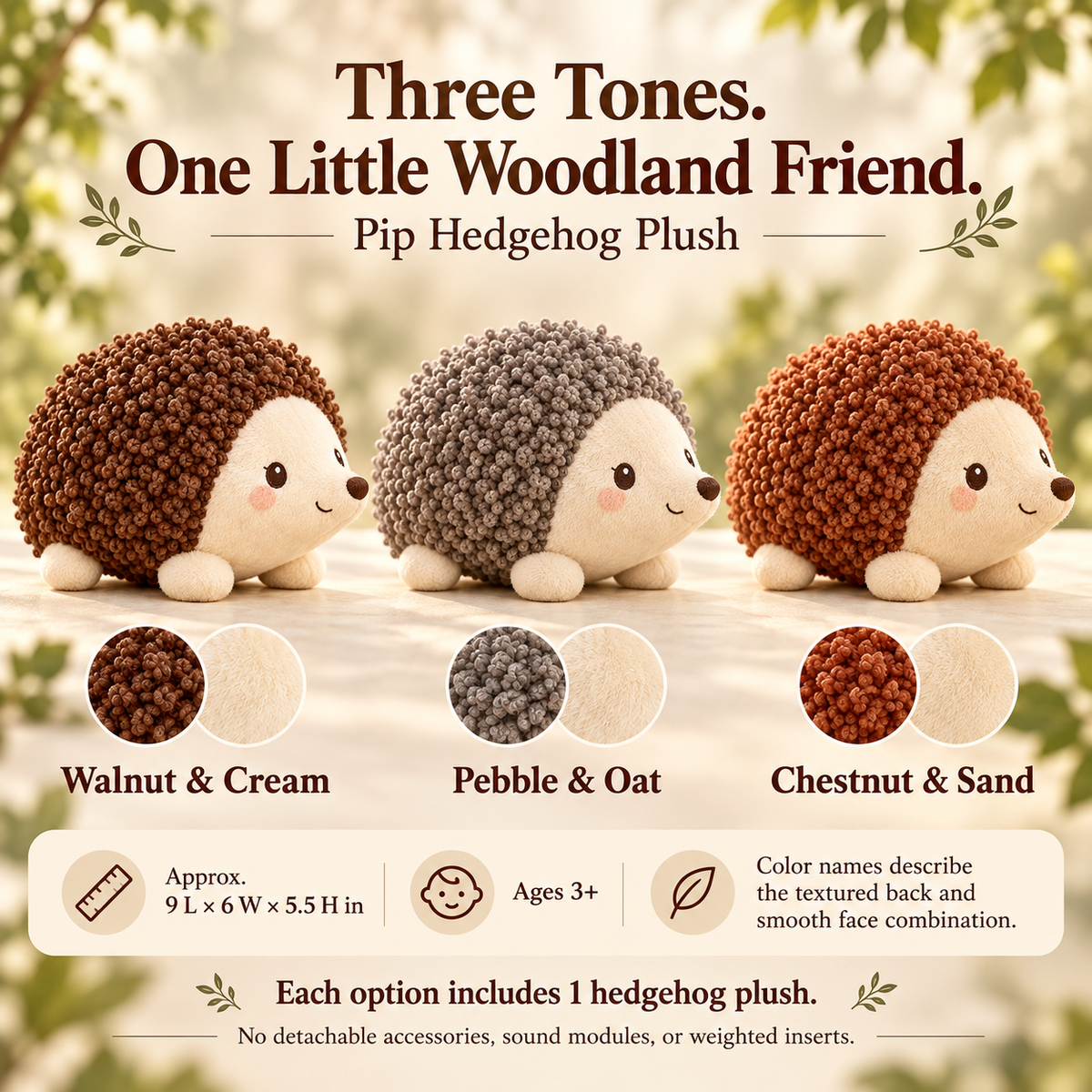 MIRQVORA™ Pip Hedgehog Plush — 9-Inch Stuffed Woodland Animal with Loop-Texture Back & Embroidered Face