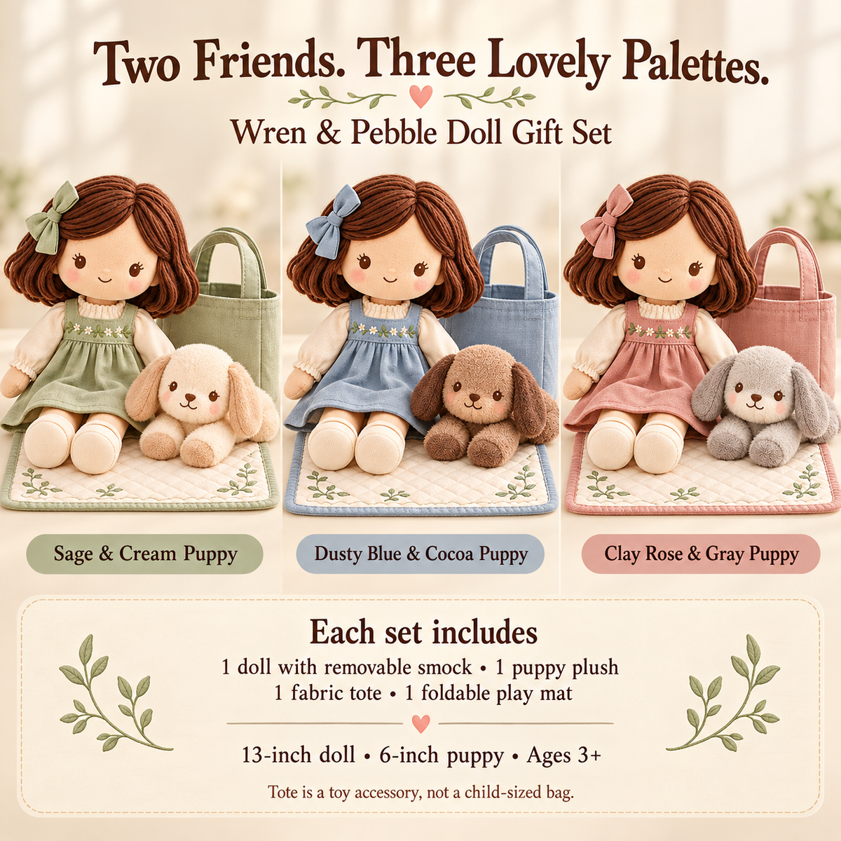 MIRQVORA™ Wren & Pebble Doll Gift Set — 13-Inch Cloth Doll with 6-Inch Puppy Plush, Fabric Tote & Play Mat