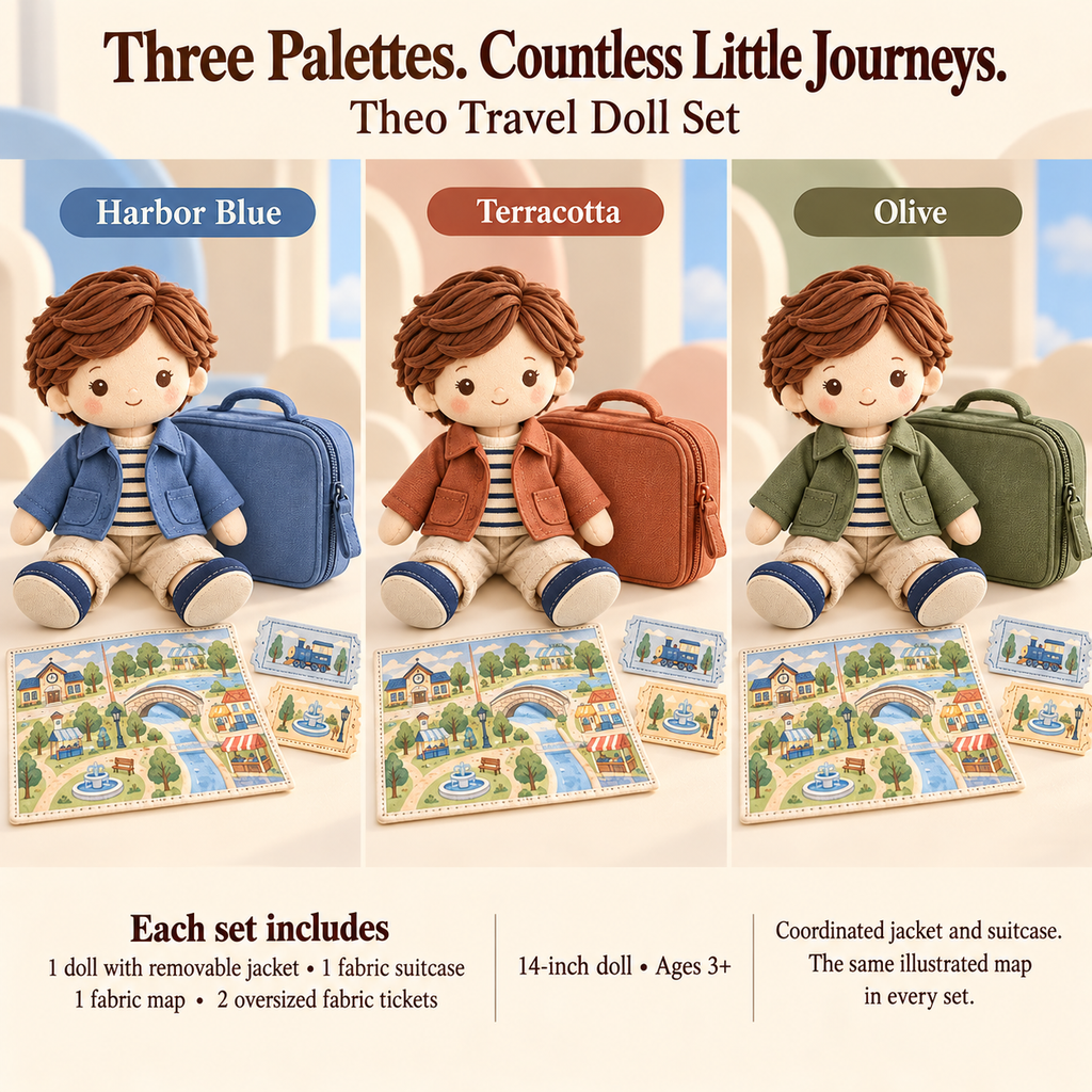 MIRQVORA™ Theo Travel Doll Set — 14-Inch Soft Cloth Doll with Jacket, Fabric Suitcase, Play Map & Oversized Tickets