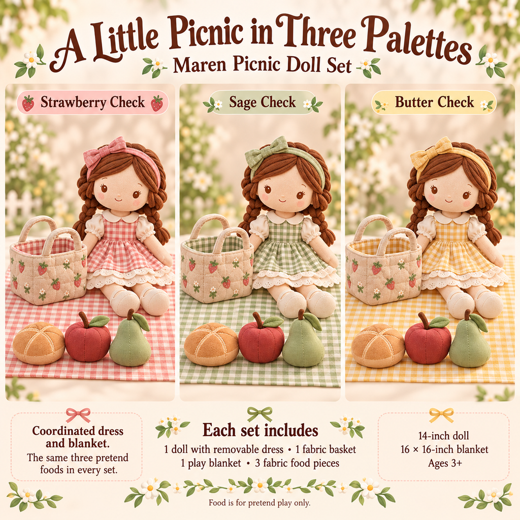 MIRQVORA™ Maren Picnic Doll Set — 14-Inch Cloth Rag Doll with Dress, Fabric Basket, Play Blanket & Pretend Food