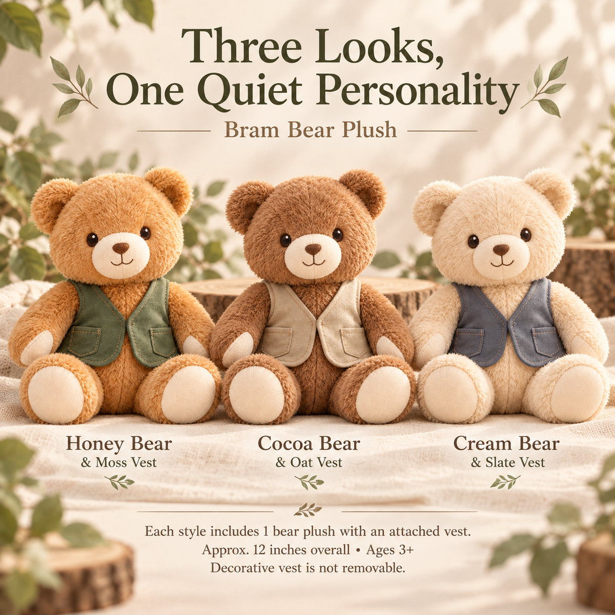 MIRQVORA™ Bram Bear Plush — 12-Inch Stuffed Teddy Bear with Textured Muzzle, Curved Arms & Attached Vest