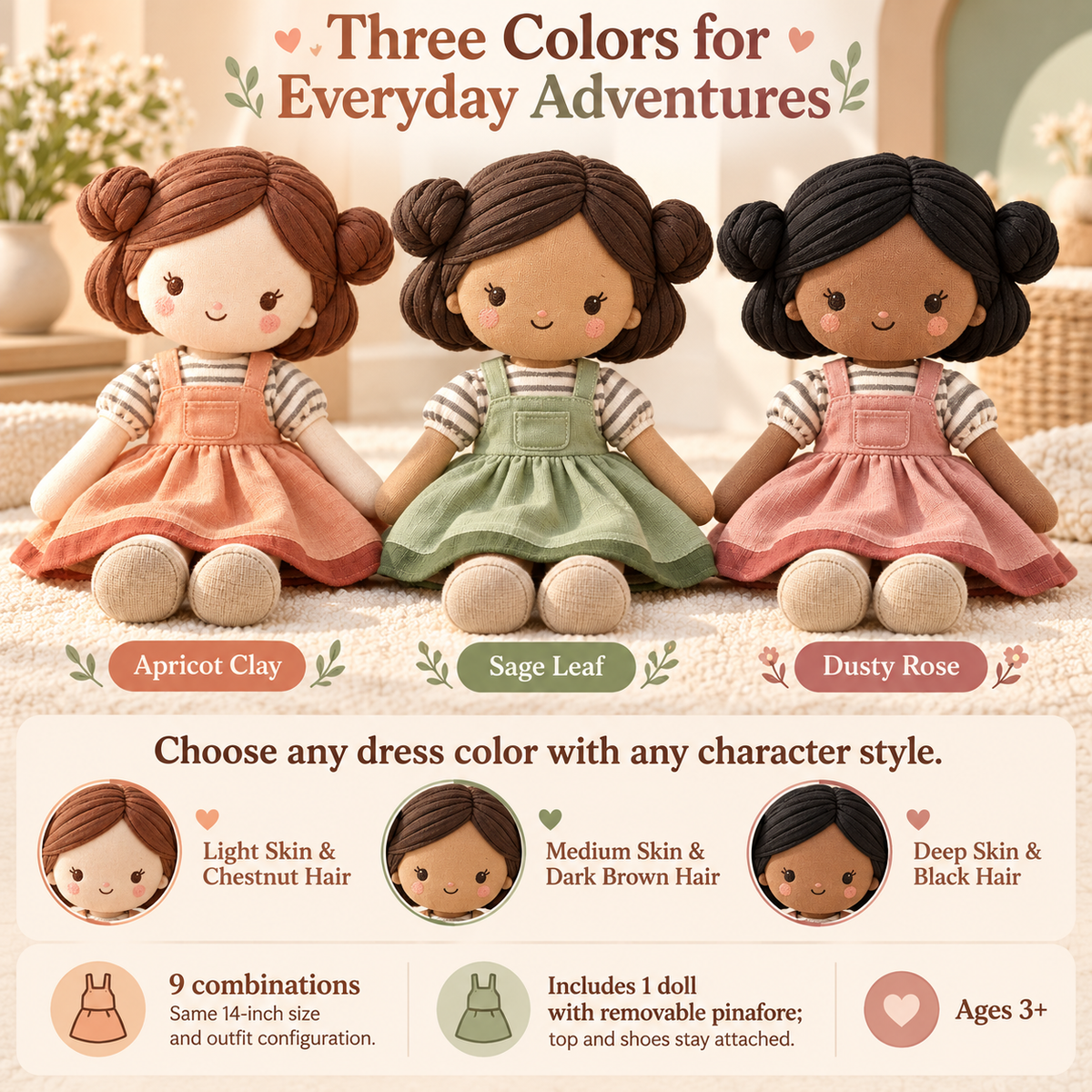 MIRQVORA™ Nell Soft Cloth Doll — 14-Inch Rag Doll with Embroidered Face, Pinafore Dress & Fabric Hair