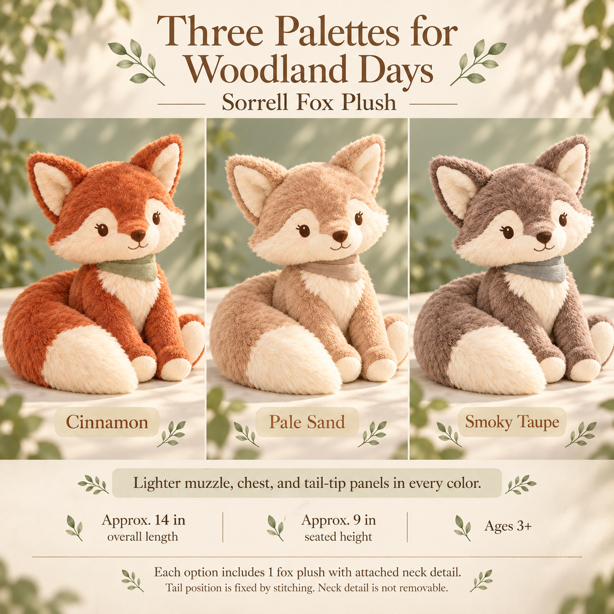 MIRQVORA™ Sorrell Fox Plush — 14-Inch Stuffed Animal with Curved Tail, Embroidered Features & Attached Neck Detail