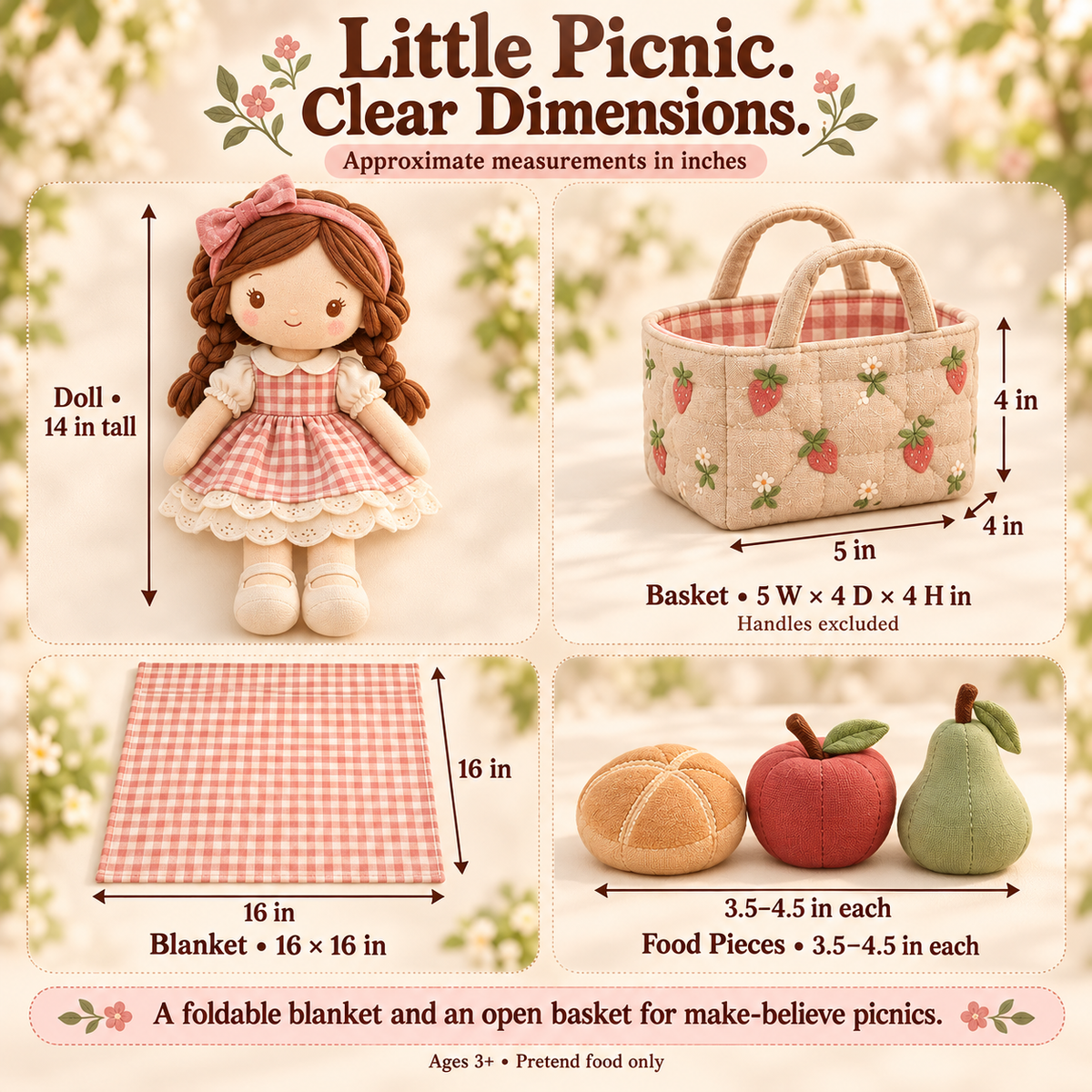 MIRQVORA™ Maren Picnic Doll Set — 14-Inch Cloth Rag Doll with Dress, Fabric Basket, Play Blanket & Pretend Food