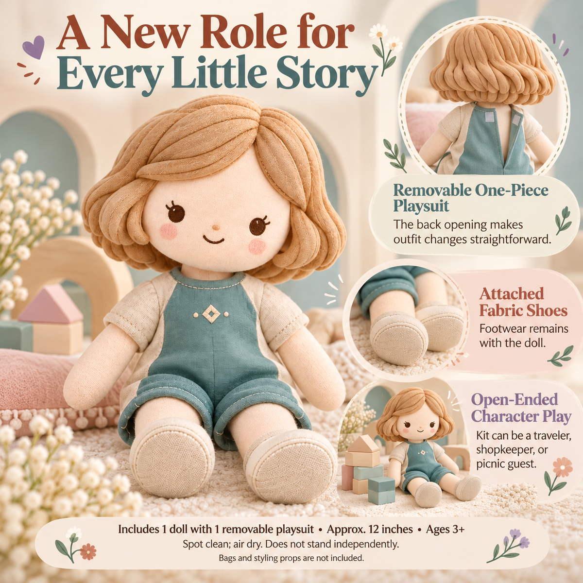 MIRQVORA™ Kit Mini Cloth Doll — 12-Inch Soft Rag Doll with Colorblock Playsuit, Fabric Hair & Embroidered Face