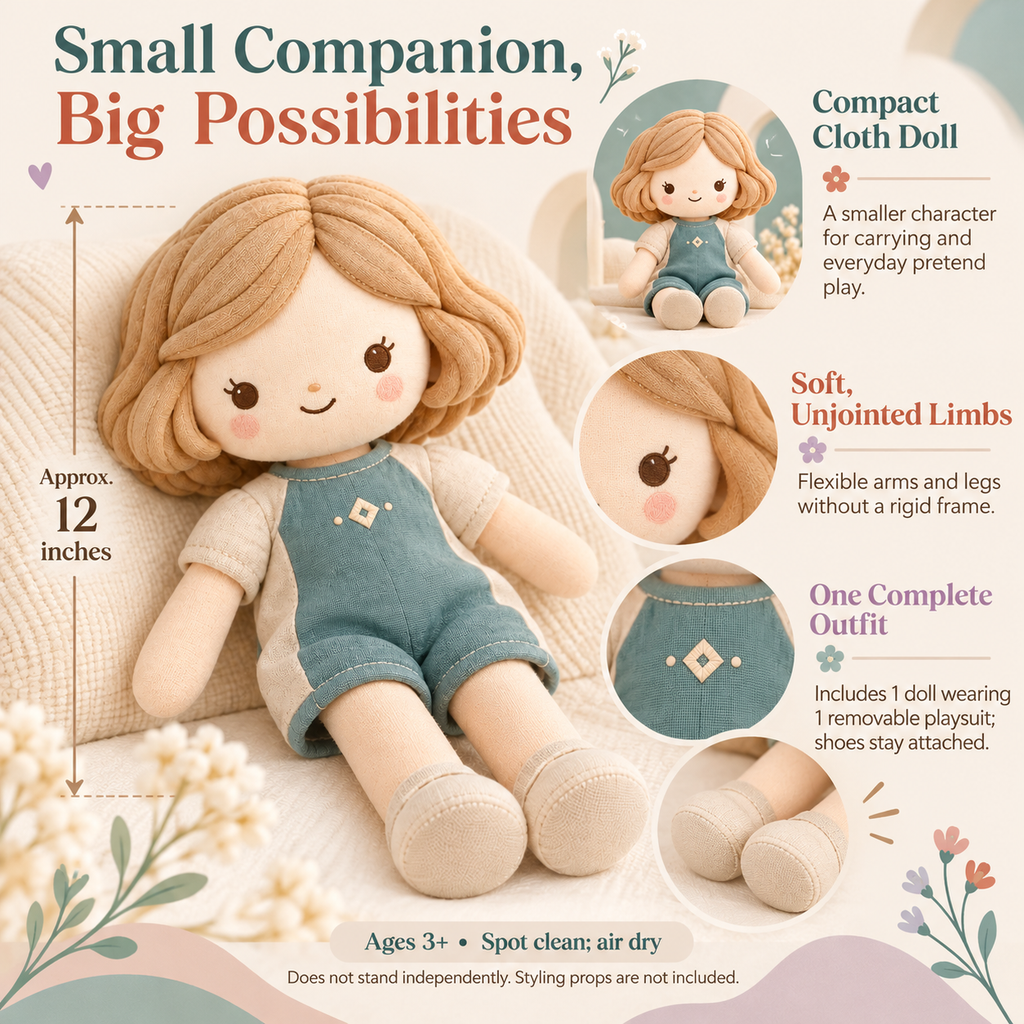 MIRQVORA™ Kit Mini Cloth Doll — 12-Inch Soft Rag Doll with Colorblock Playsuit, Fabric Hair & Embroidered Face
