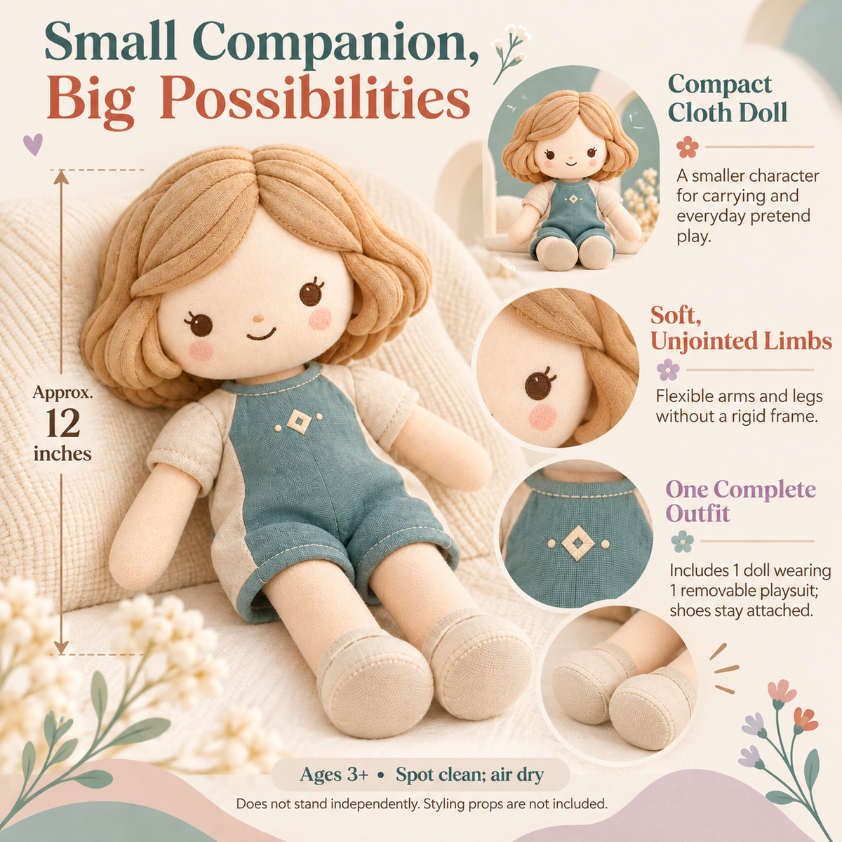 MIRQVORA™ Kit Mini Cloth Doll — 12-Inch Soft Rag Doll with Colorblock Playsuit, Fabric Hair & Embroidered Face