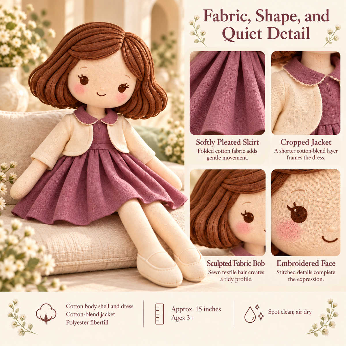 MIRQVORA™ Esme Fabric Doll — 15-Inch Soft Fashion Rag Doll with Pleated Dress, Cropped Jacket & Embroidered Features