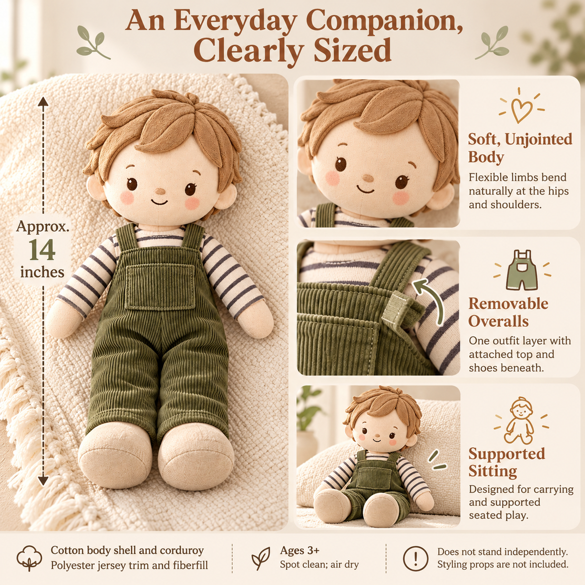 MIRQVORA™ Milo Soft Rag Doll — 14-Inch Cloth Companion with Corduroy Overalls, Embroidered Face & Attached Shoes
